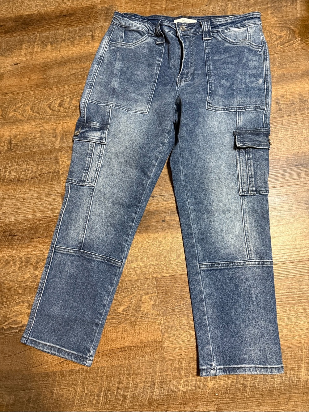Kancan Washed Blue Cargo Denim Pants with Patch Pockets